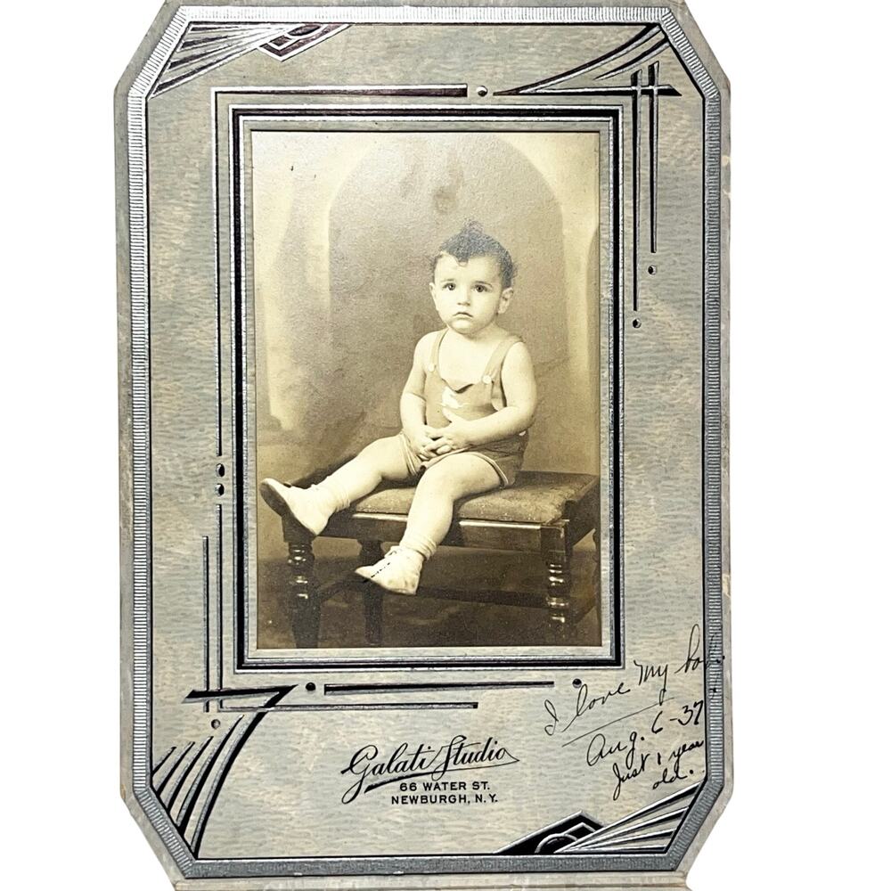 Antique Portrait Photograph Baby 1 Yr Old Framed 1937 Galati Studio Newburgh NY